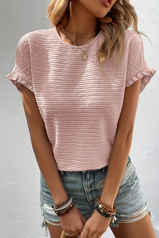 Light Pink Solid Textured Ruffled Short Sleeve Blouse Pre Order Tops JT's Designer Fashion