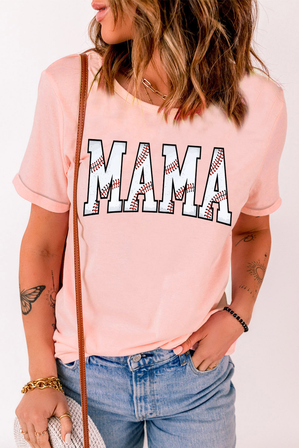 Pink Baseball MAMA Graphic Cuffed T-shirt Graphic Tees JT's Designer Fashion