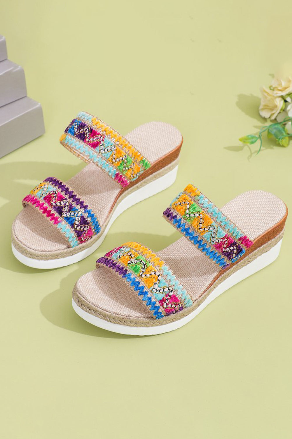Multicolour Crochet Dual Band Wedge Slippers Slippers JT's Designer Fashion