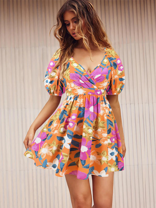 Printed Surplice Short Sleeve Dress Tangerine Dresses JT's Designer Fashion