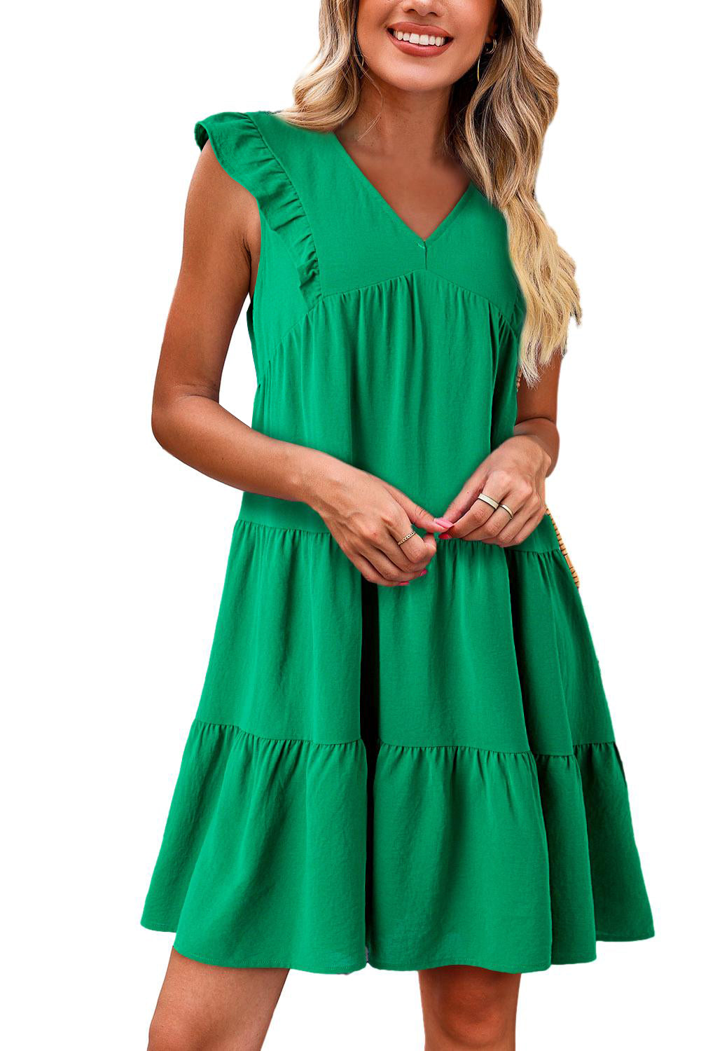Bright Green Solid Color V Neck Ruffle Tiered Mini Dress Mini Dresses JT's Designer Fashion