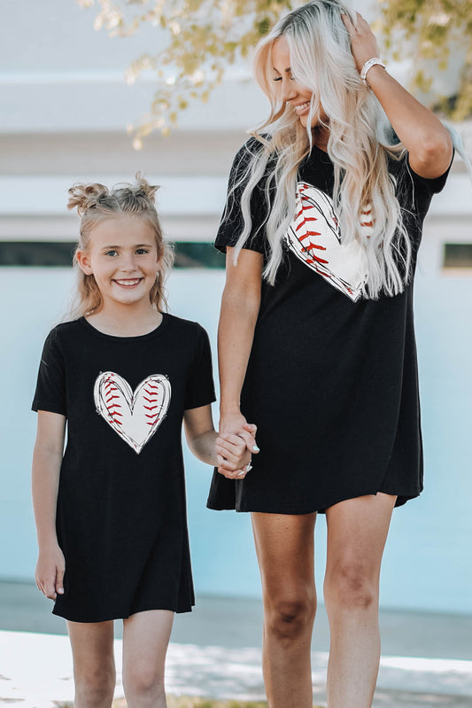 Black Baseball Love Print Crew Neck Girl's Mini Dress Black 95%Polyester+5%Spandex Family Dress JT's Designer Fashion