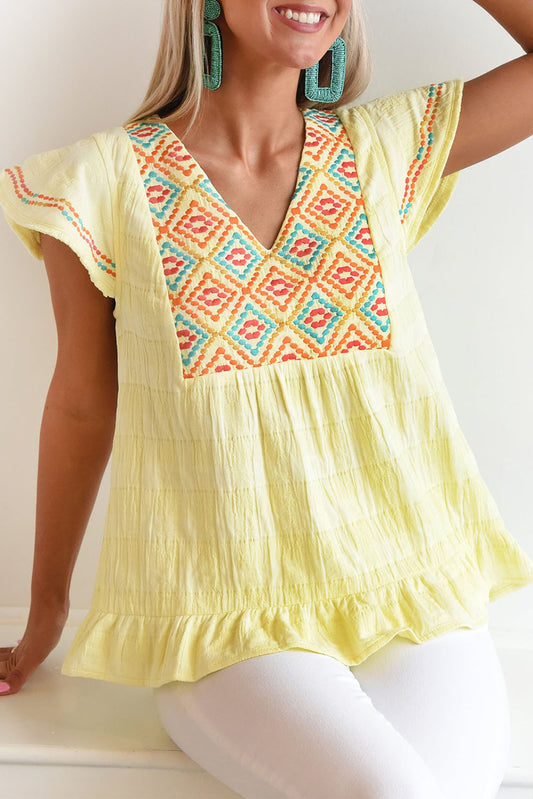 Yellow Geometric Embroidery Textured Top with Ruffles Blouses & Shirts JT's Designer Fashion