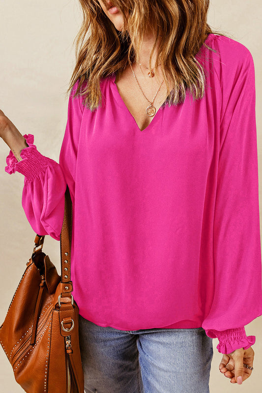 Rose Pleated V Neck Puffy Sleeve Blouse Rose 100%Polyester Blouses & Shirts JT's Designer Fashion