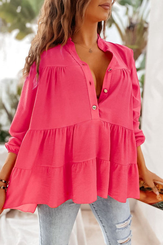 Rose Half Buttoned Ruffle Tiered Long Sleeve Blouse Tops & Tees JT's Designer Fashion