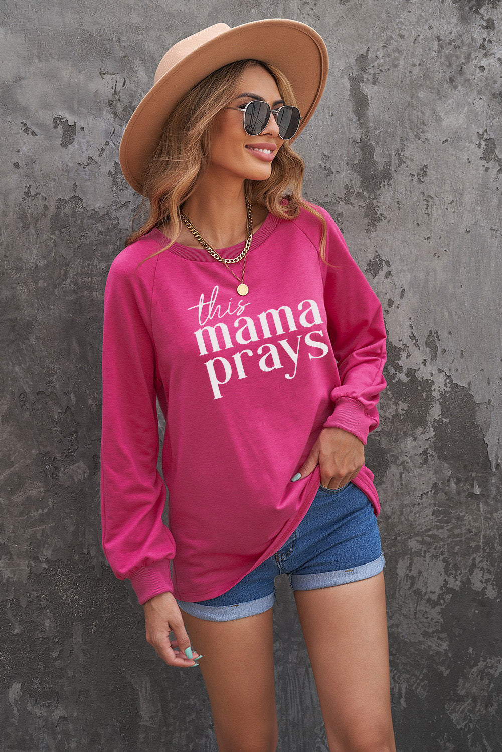 Rose This Mama Prays Letter Print Oversized Pullover Sweatshirt Graphic Sweatshirts JT's Designer Fashion