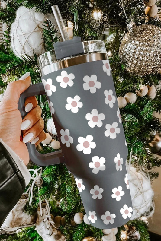 Dark Grey Floret Print Stainless Tumbler With Lid And Straw Tumblers JT's Designer Fashion