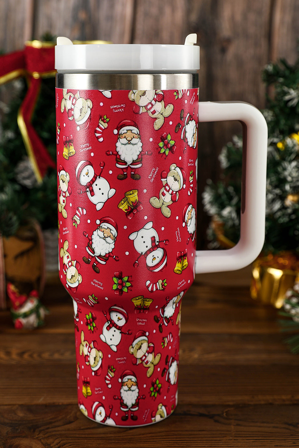Fiery Red Christmas Pattern Print Handled Stainless Steel Tumblers Tumblers JT's Designer Fashion