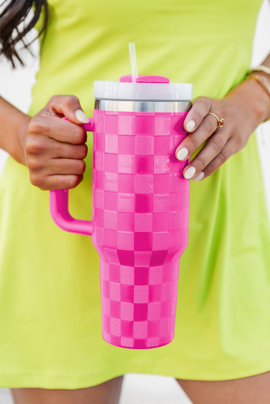 Dark Pink Checkered Print Handled Stainless Steel Tumbler Cup 40oz Tumblers JT's Designer Fashion