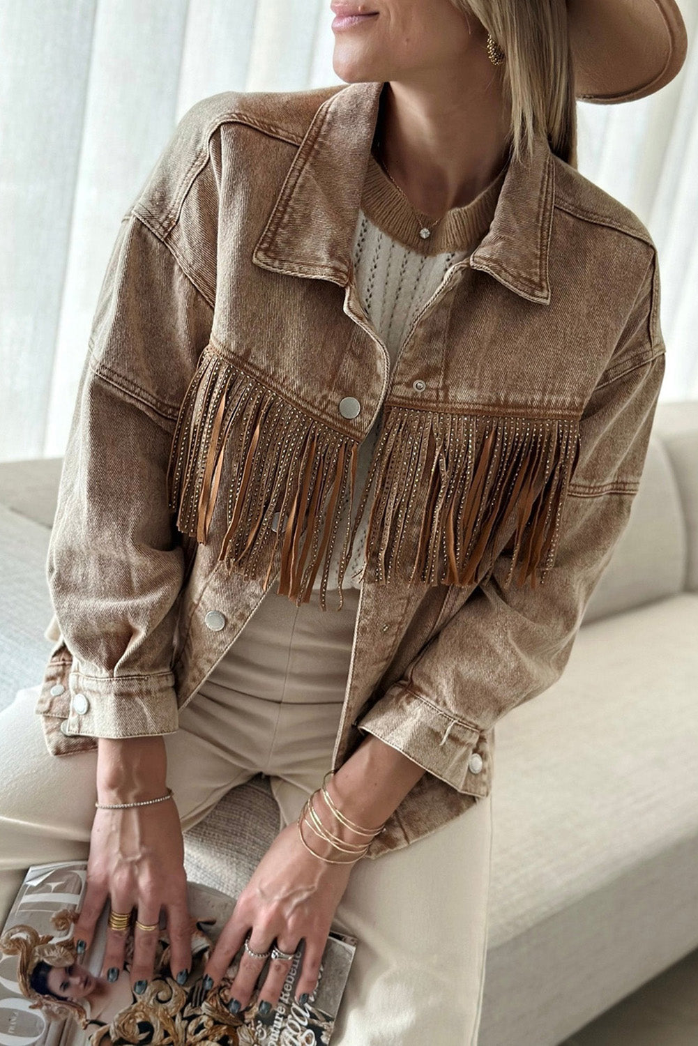 Brown Rhinestone Fringed Cowgirl Fashion Denim Jacket Outerwear JT's Designer Fashion