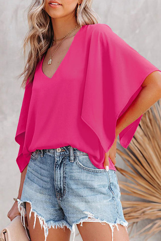 Rose Plain Flounce Bell Sleeve V Neck Blouse Blouses & Shirts JT's Designer Fashion