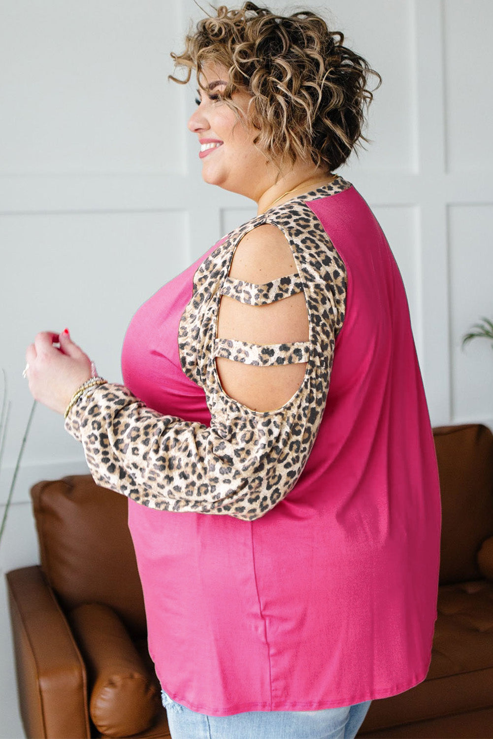 Rose Plus Size Ladder Hollow-out Cheetah Sleeve Top Plus Size Tops JT's Designer Fashion