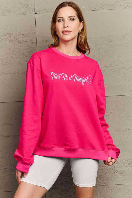 Simply Love Full Size MEET ME AT MIDNIGHT Graphic Round Neck Sweatshirt Hot Pink Graphic Sweatshirts JT's Designer Fashion