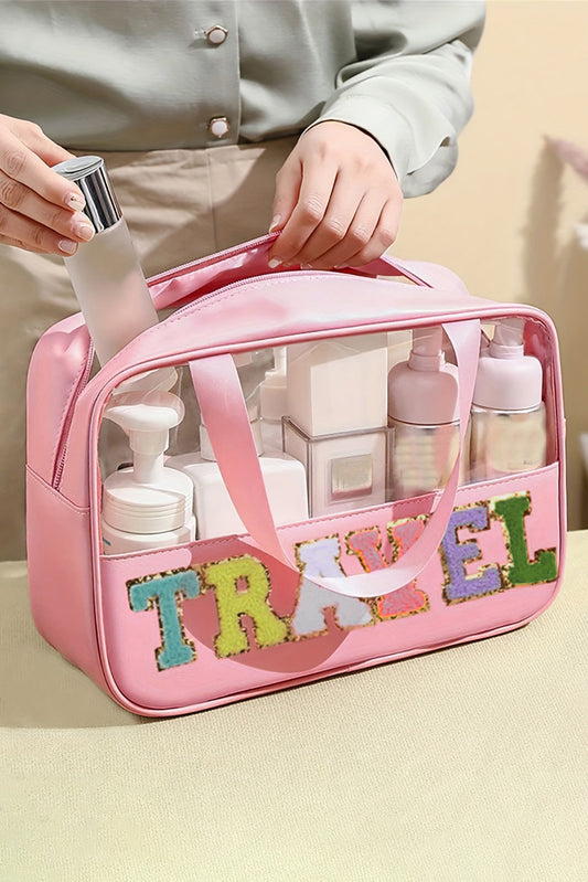 Light Pink TRAVEL Chenille Letter Clear PVC Makeup Bag Other Accessories JT's Designer Fashion