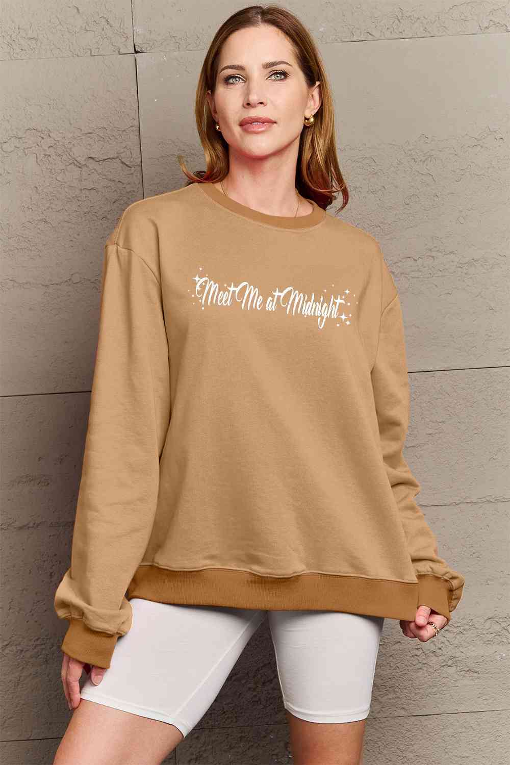 Simply Love Full Size MEET ME AT MIDNIGHT Graphic Round Neck Sweatshirt Caramel Graphic Sweatshirts JT's Designer Fashion