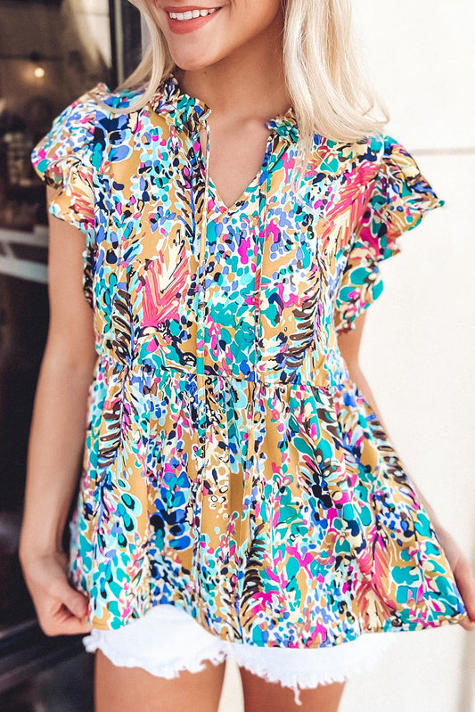 Multicolor Abstract Print Tie V Neck Peplum Blouse Blouses & Shirts JT's Designer Fashion