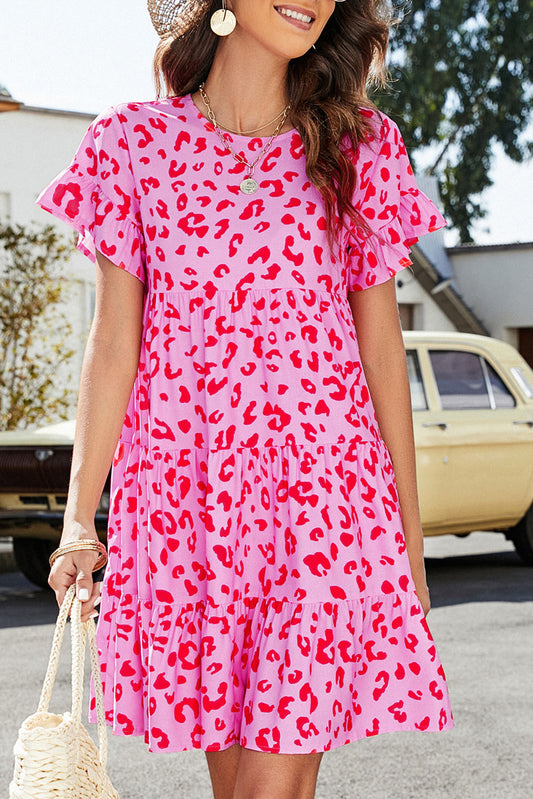 Pink Leopard Print Ruffle Short Sleeve Tiered Dress Mini Dresses JT's Designer Fashion