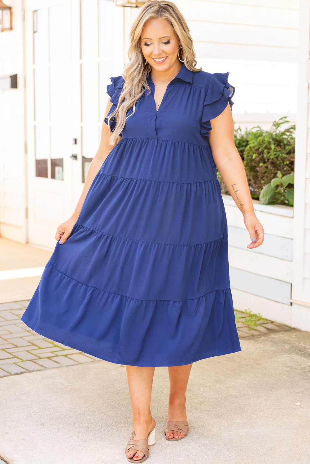 Blue Plus Size Ruffled Tiered A-line Midi Dress Plus Size Dresses JT's Designer Fashion
