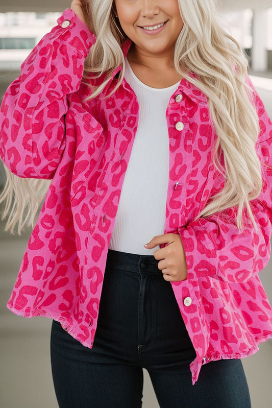 Barbie Style Pink Plus Size Leopard Print Button Cuffs Raw Hem Jacket Outerwear JT's Designer Fashion
