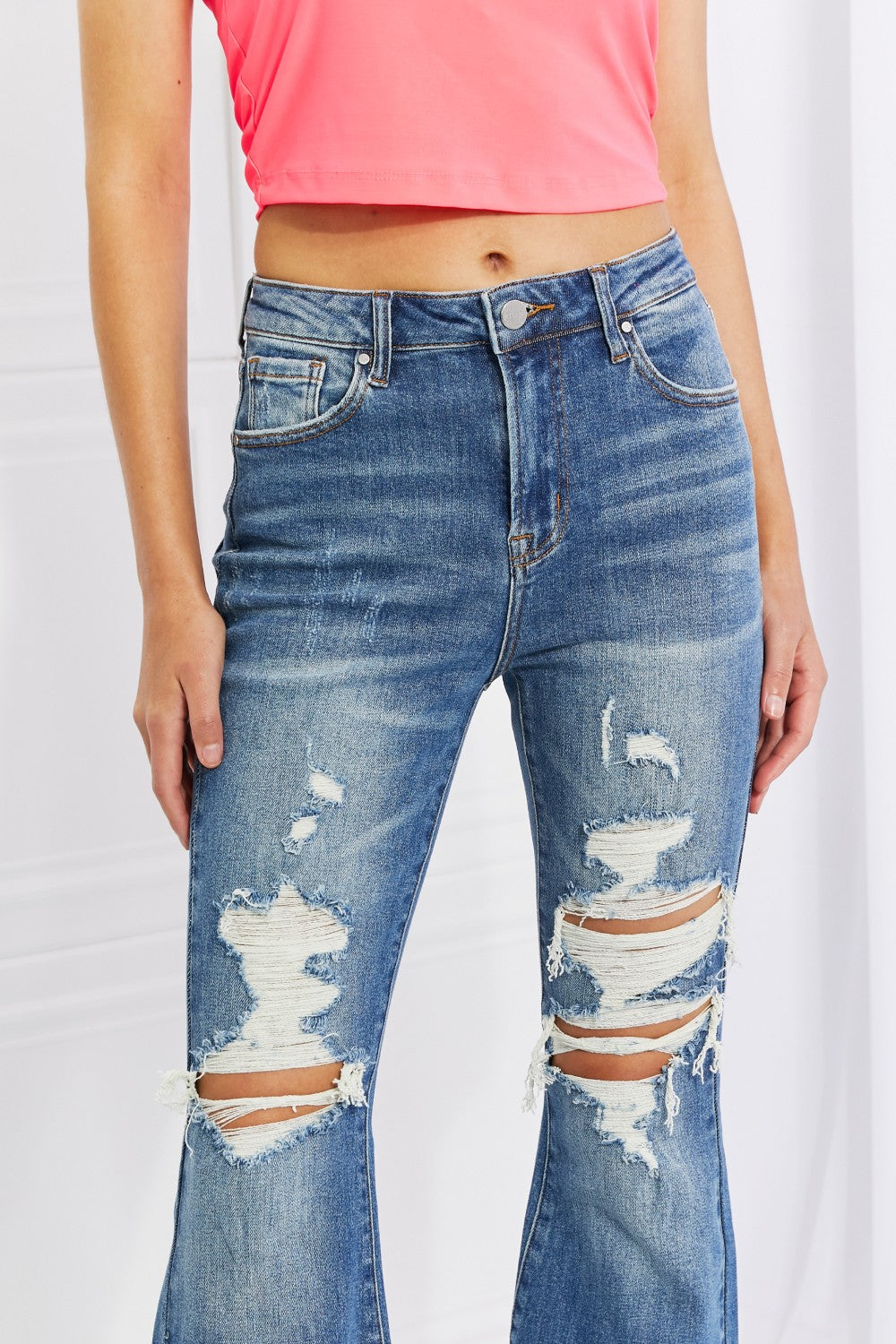 RISEN Full Size Hazel High Rise Distressed Flare Jeans Jeans JT's Designer Fashion