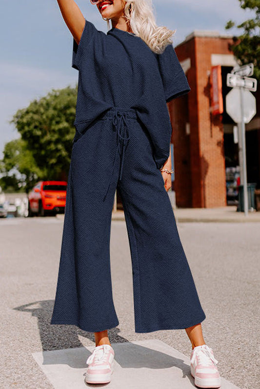 Navy Blue Gray Textured Loose Fit T Shirt and Drawstring Pants Set Bottoms JT's Designer Fashion