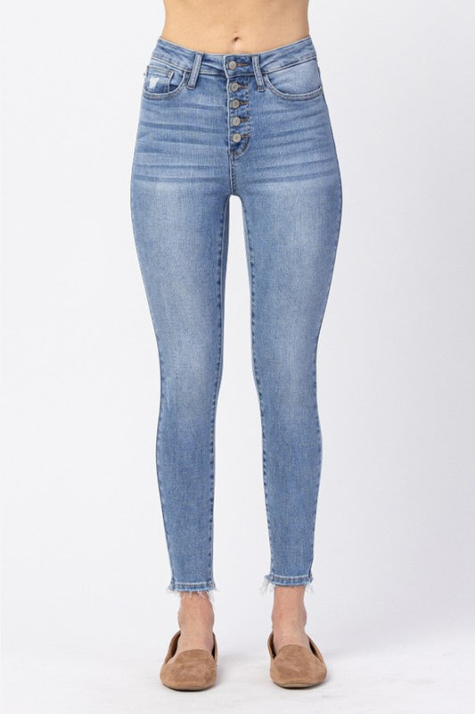 Judy Blue Full Size Button Fly Raw Hem Jeans Reg-Lt Jeans JT's Designer Fashion