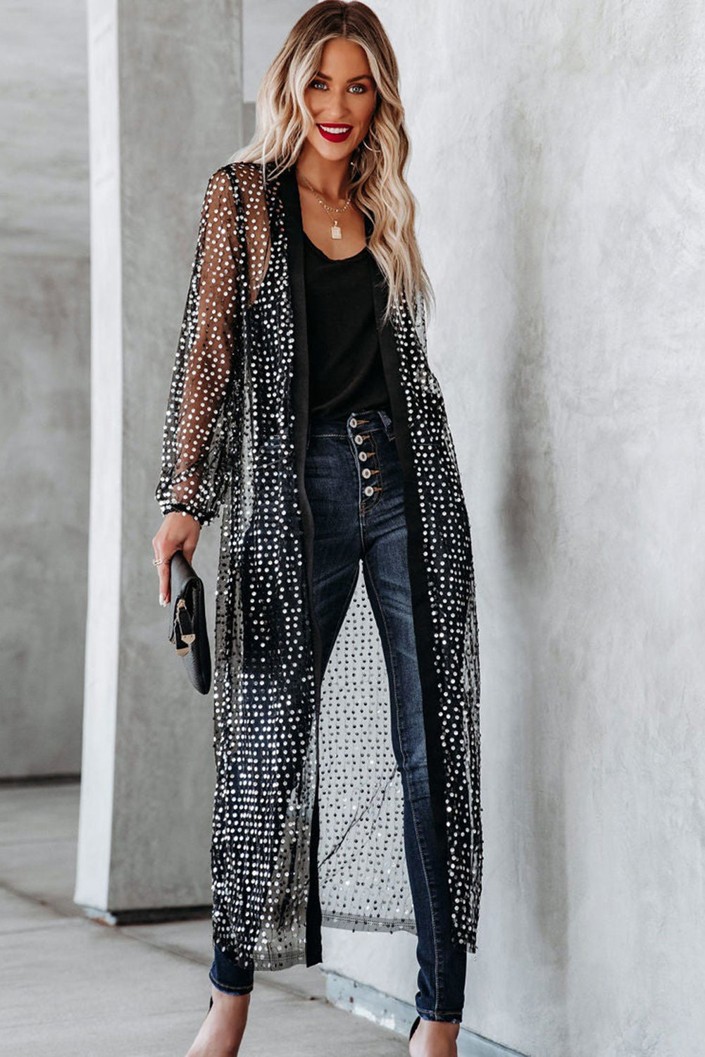 Black Sheer Mesh Sequin Duster Kimono Outerwear JT's Designer Fashion