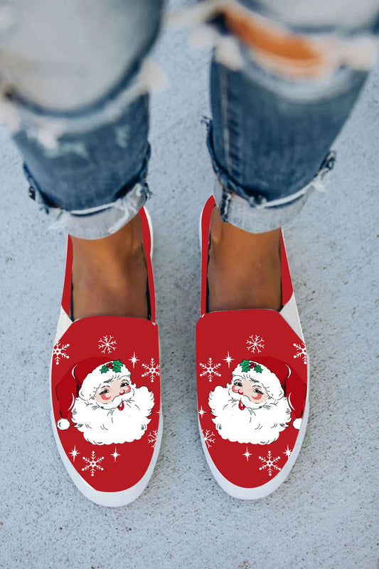 Red Christmas Santa Claus Print Slip-on Canvas Flats Women's Shoes JT's Designer Fashion