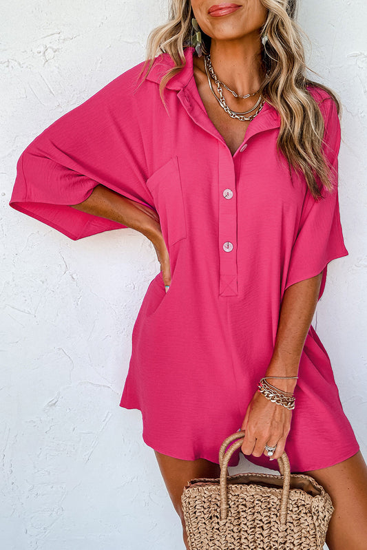 Bright Pink Half Button Collared Loose Romper Pre Order Bottoms JT's Designer Fashion