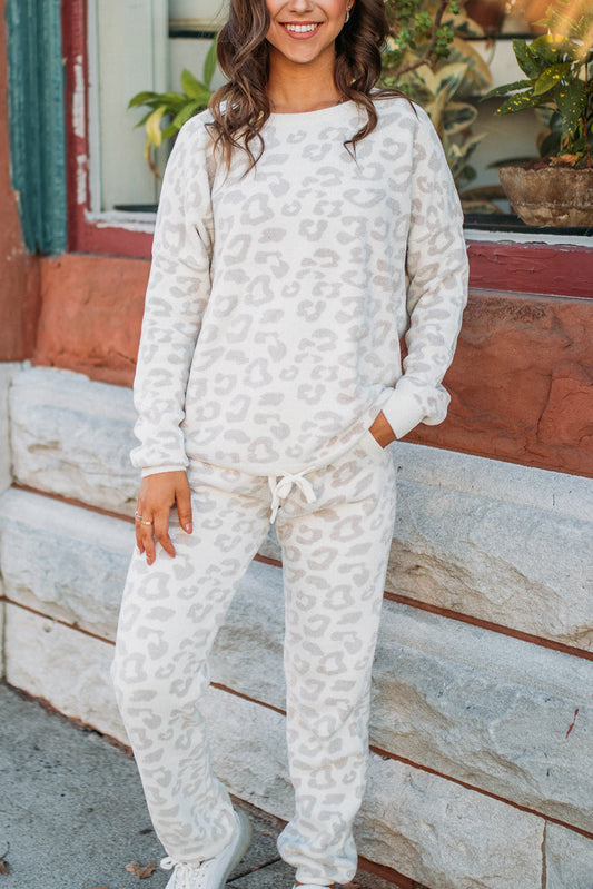 White Printed Leopard Pullover and Drawstring Pants Lounge Set Loungewear JT's Designer Fashion