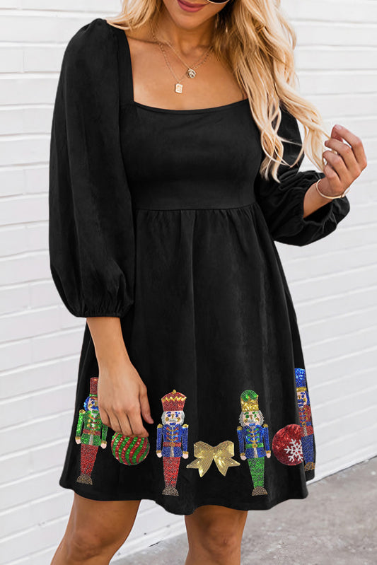 Black Sequined Christmas Nutcracker Square Neck Mini Dress Graphic Dresses JT's Designer Fashion