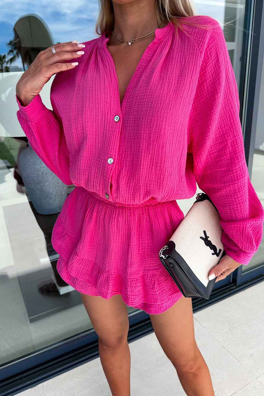 Rose Textured Tiered Ruffled Buttoned Long Sleeve Romper Tops & Tees JT's Designer Fashion