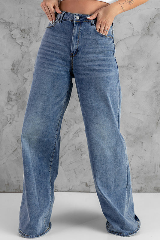 Sky Blue Vintage Wash Casual Wide Leg Jeans Sky Blue Jeans JT's Designer Fashion