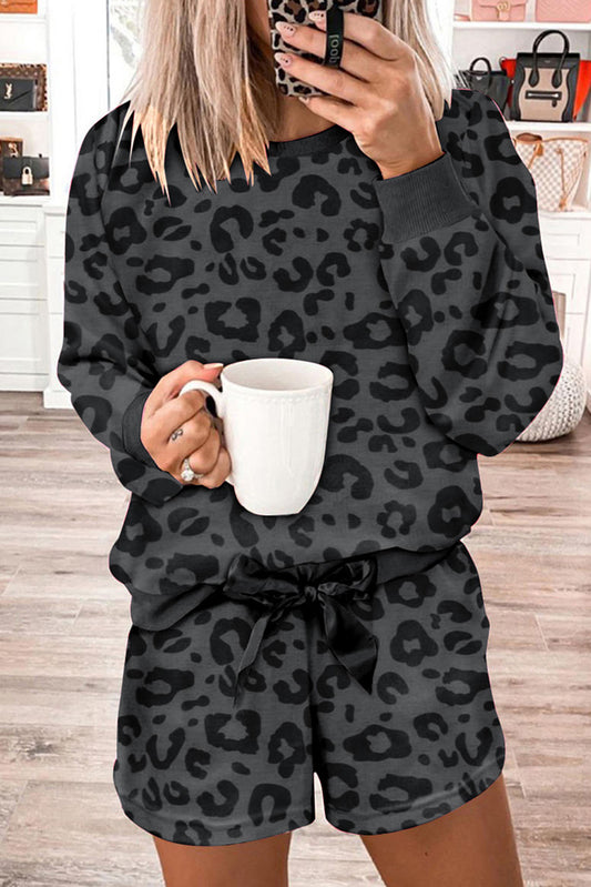 Gray Printed Leopard Long Sleeve Satin Tie Shorts Two Piece Set Loungewear JT's Designer Fashion