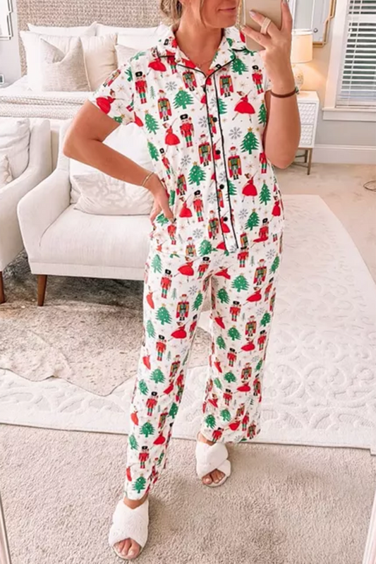 White Printed Christmas Tree Pattern Buttoned Two Piece Sleepwear Loungewear JT's Designer Fashion