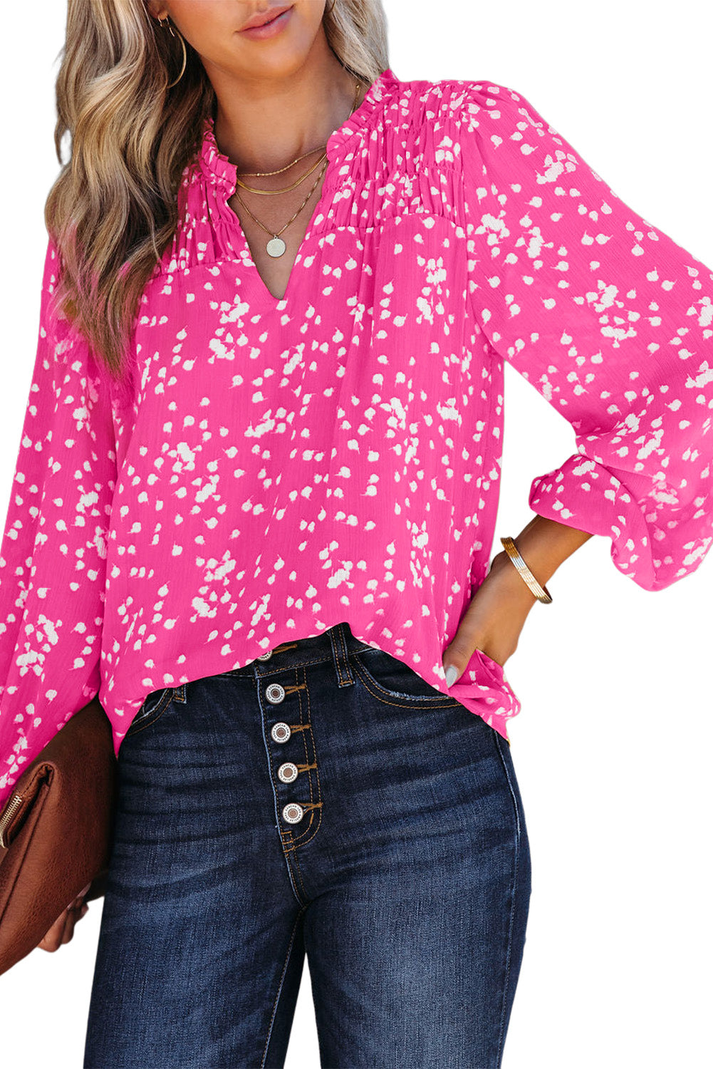 Barbie Style Pink Split Neck Fall Printed Crinkled Blouse Tops & Tees JT's Designer Fashion