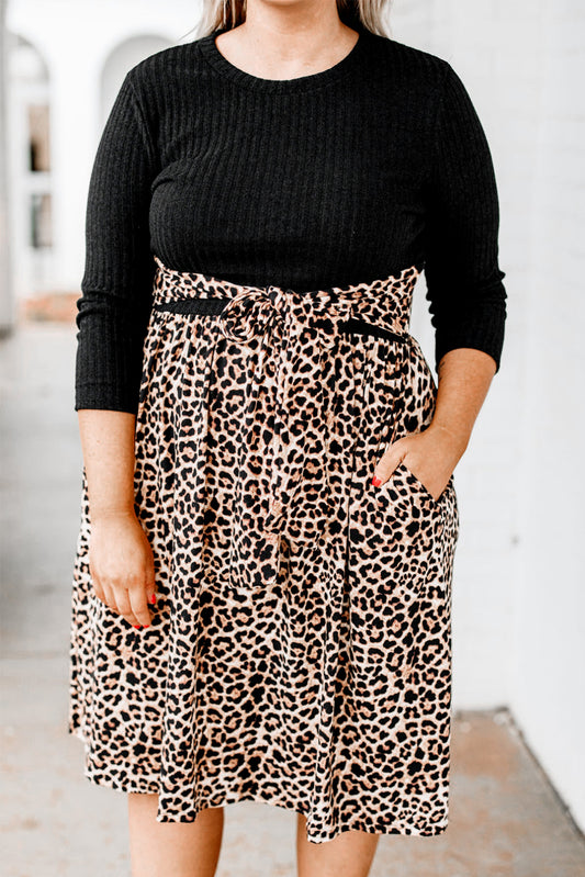Ribbed Knit Leopard Plus Size Midi Dress Black 90%Polyester+10%Elastane Plus Size Dresses JT's Designer Fashion