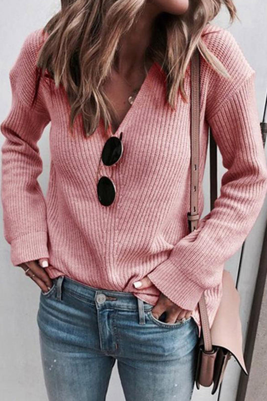 Pink Ribbed Knit V Neck Sweater Pre Order Sweaters & Cardigans JT's Designer Fashion