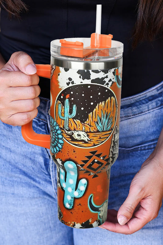 Orange Western Graphic Handled Stainless Tumbler with Straw Tumblers JT's Designer Fashion