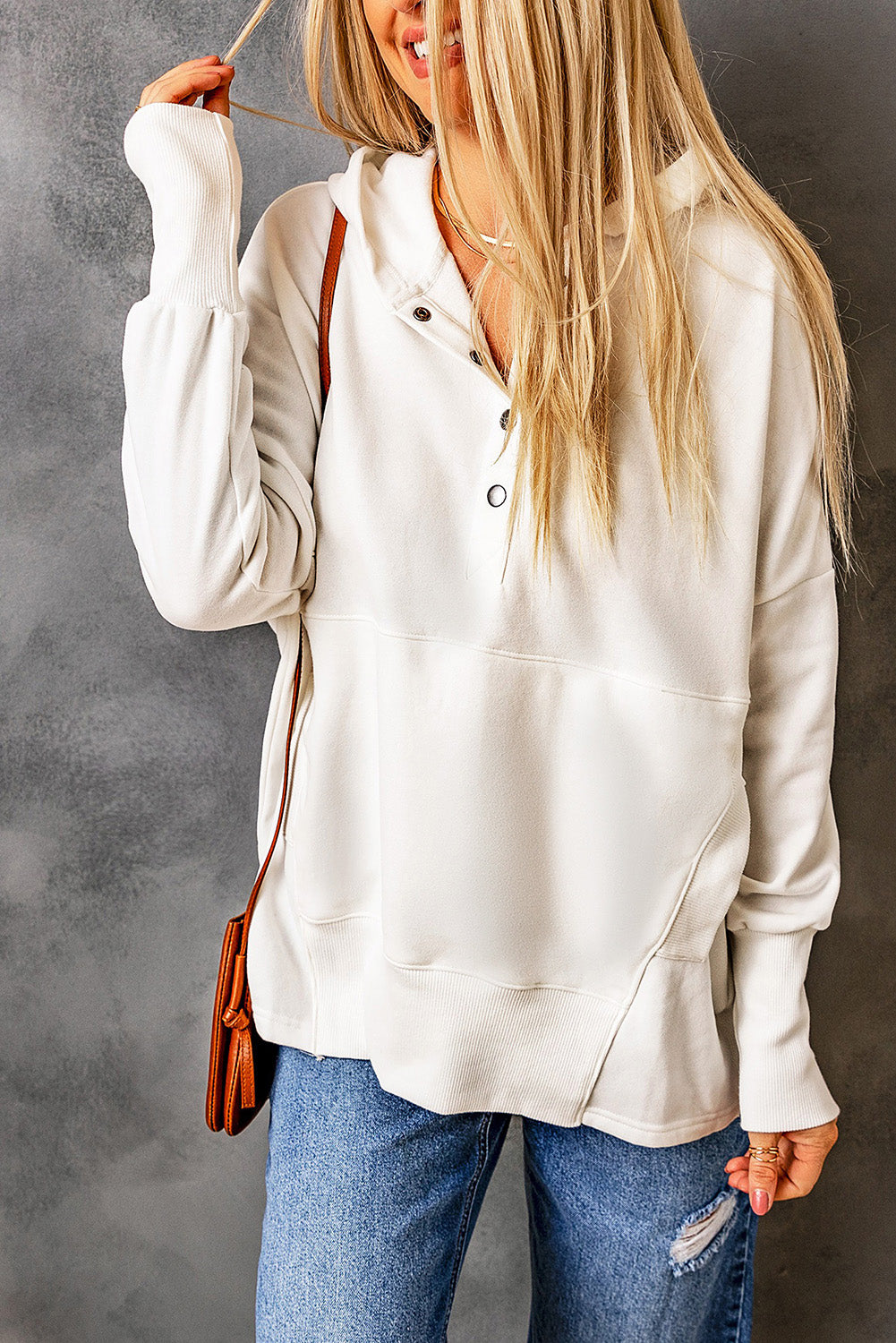 White Batwing Sleeve Pocketed Henley Hoodie Sweatshirts & Hoodies JT's Designer Fashion