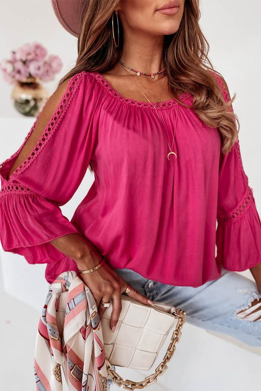 Barbie Style Rose Lace Crochet Round Neck Cut-Out Bracelet Sleeve Ruffle Blouse Tops & Tees JT's Designer Fashion