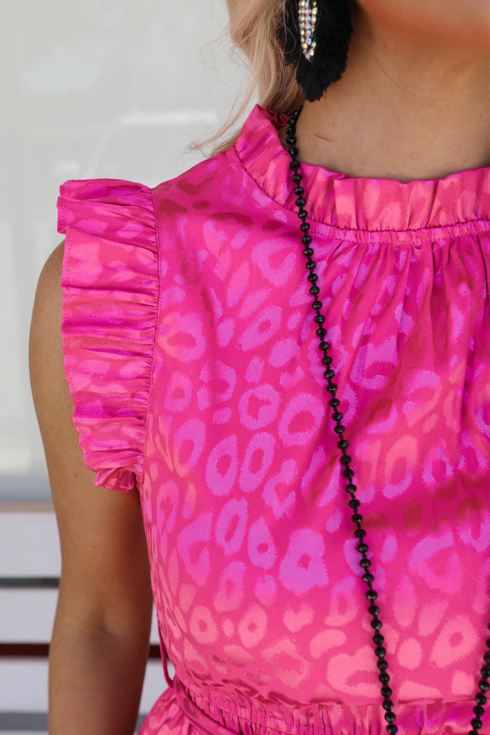 Rose Satin Leopard Tie Waist Frilled Sleeveless Dress Mini Dresses JT's Designer Fashion