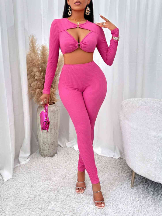 Cutout Cropped Top and Leggings Set Hot Pink Crop Tops JT's Designer Fashion