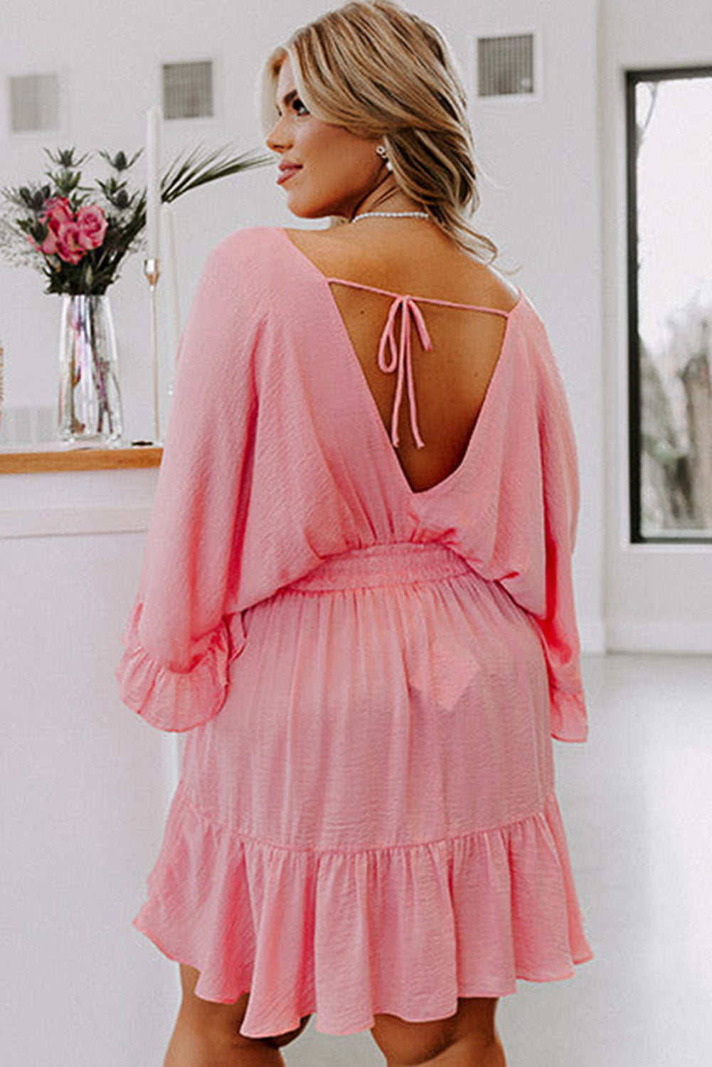 Pink Ruffled Knotted Open Back Wrap V Neck Plus Size Dress Plus Size Dresses JT's Designer Fashion