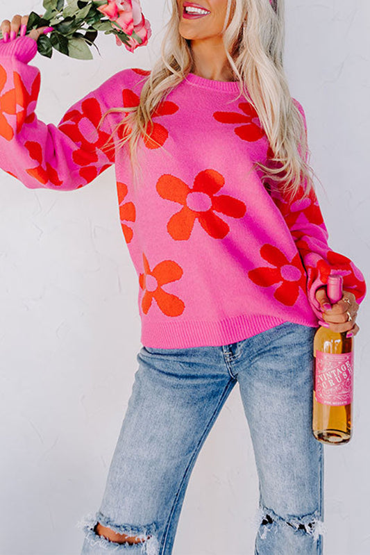 Rose Big Flower Knit Ribbed Trim Sweater Tops & Tees JT's Designer Fashion