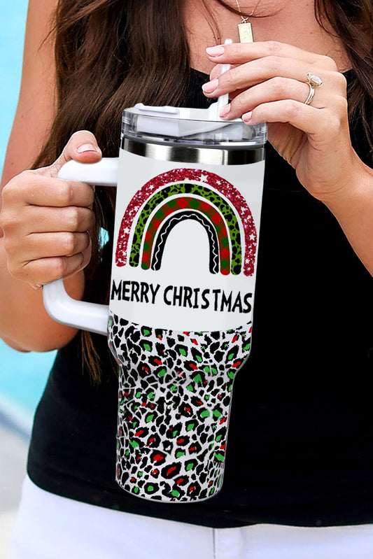 White MERRY CHRISTMAS Leopard Rainbow Printed Thermos Cup Tumblers JT's Designer Fashion