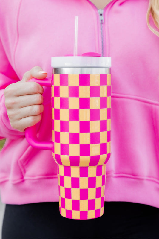 Ginger Checkered Print Handled Stainless Steel Tumbler Cup 40oz Tumblers JT's Designer Fashion