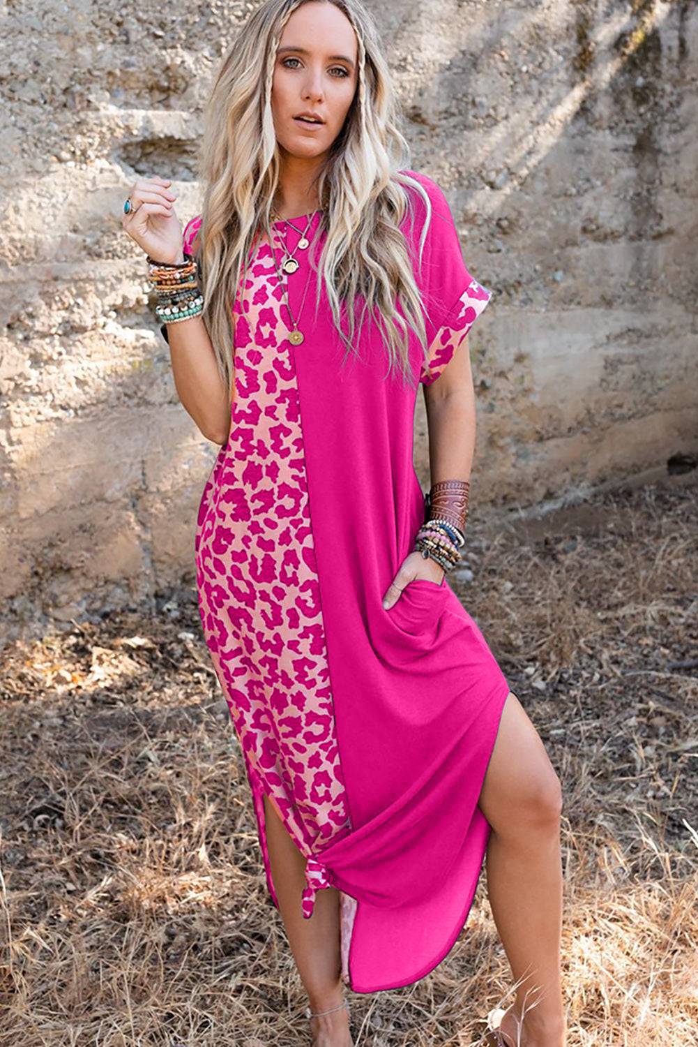 Rose Contrast Solid Leopard Short Sleeve T-shirt Dress with Slits T Shirt Dresses JT's Designer Fashion