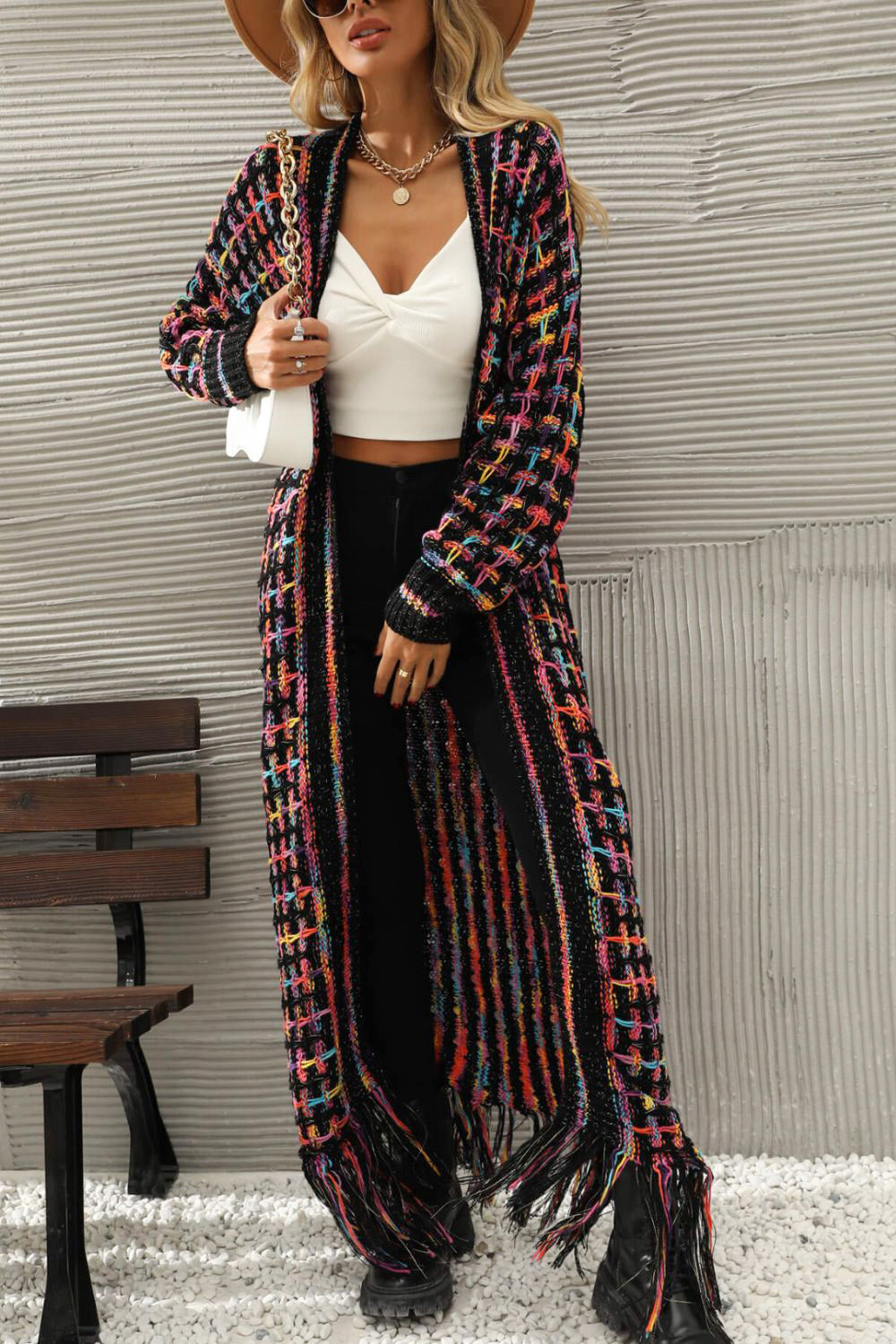 Multicolored Open Front Fringe Hem Cardigan Sweaters & Cardigans JT's Designer Fashion