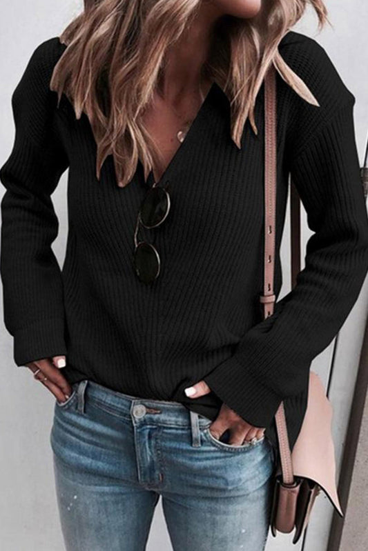 Black Ribbed Knit V Neck Sweater Pre Order Sweaters & Cardigans JT's Designer Fashion